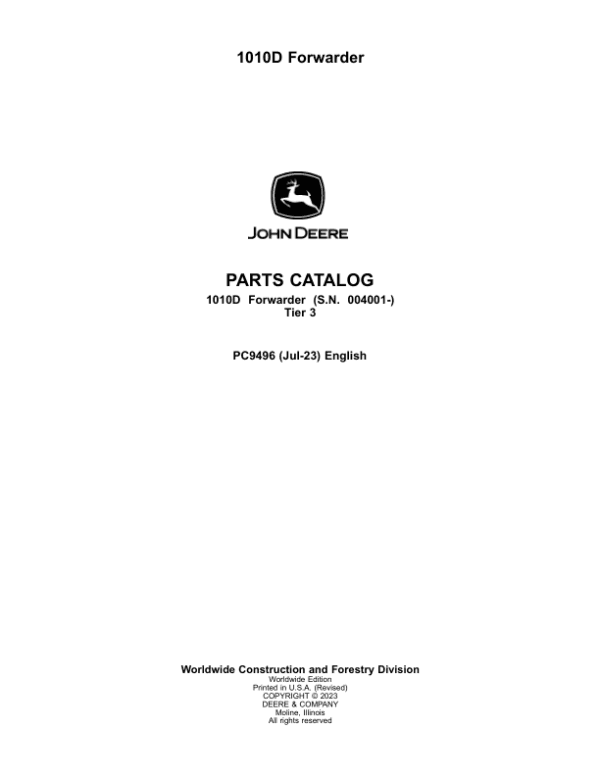 John Deere 1010D T3 Forwarders (SN 004001-) Parts Catalog Manual