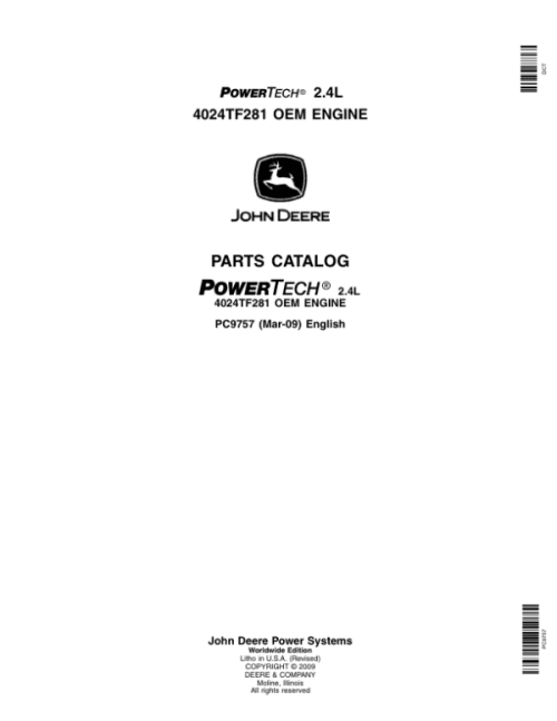John Deere 2.4L, 4024TF281 Engines Parts Catalog Manual