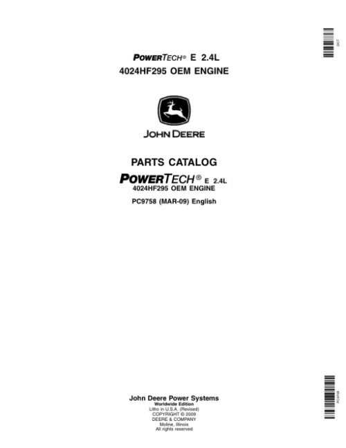 John Deere 2.4L, 4024HF295 Engines Parts Catalog Manual