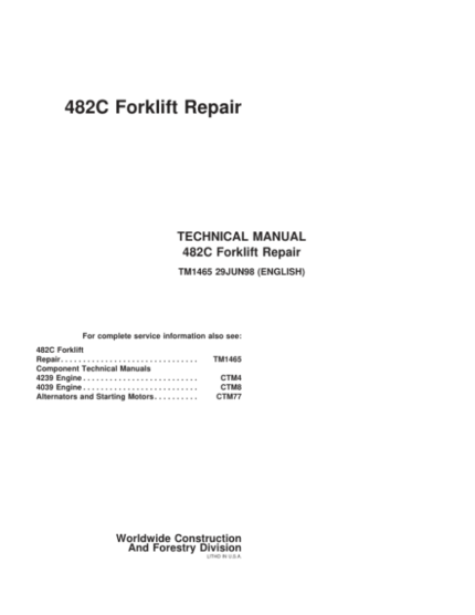 John Deere 482C Forklift Repair Technical Manual