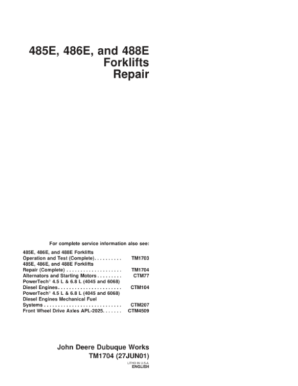 John Deere 485E, 486E, 488E Forklift Repair Technical Manual