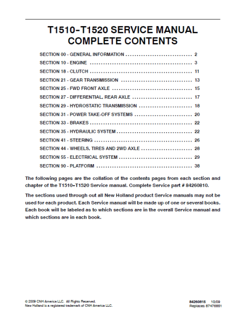 New Holland T1510, T1520 Tractor Service Manual