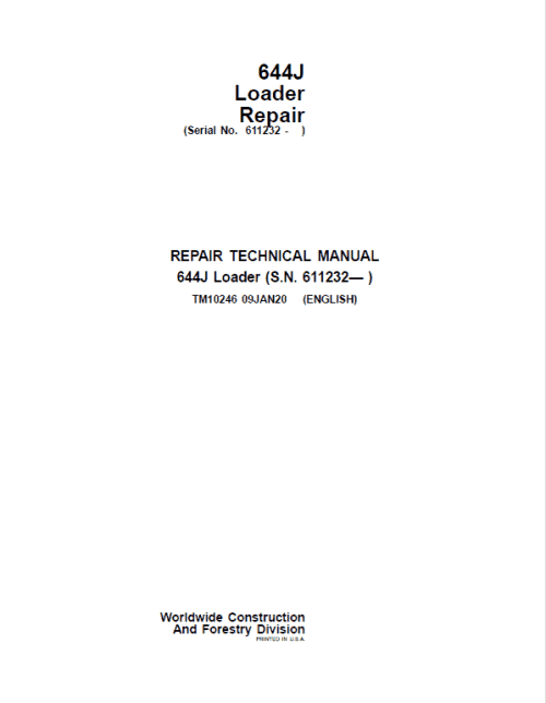 John Deere 644J Loader Repair Service Manual