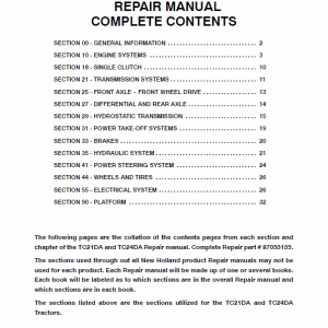 New Holland TC21DA, TC24DA Tractor Service Manual