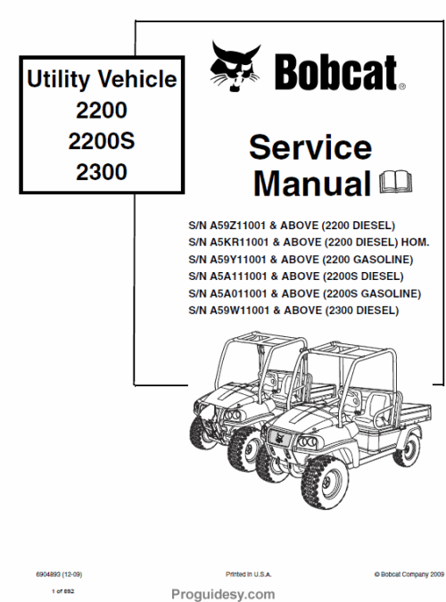 Bobcat 2200 2300 Utility Vehicle Service Manual