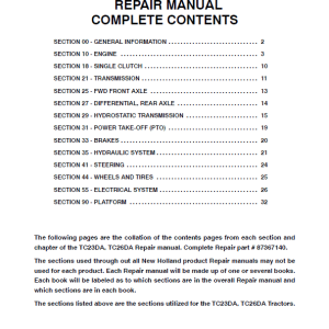 New Holland TC23DA, TC26DA Tractor Service Manual