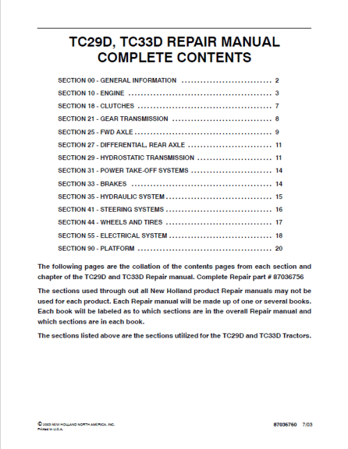 New Holland TC29D, TC33D Tractor Service Manual New Holland TC29D, TC33D Tractor Service Manual