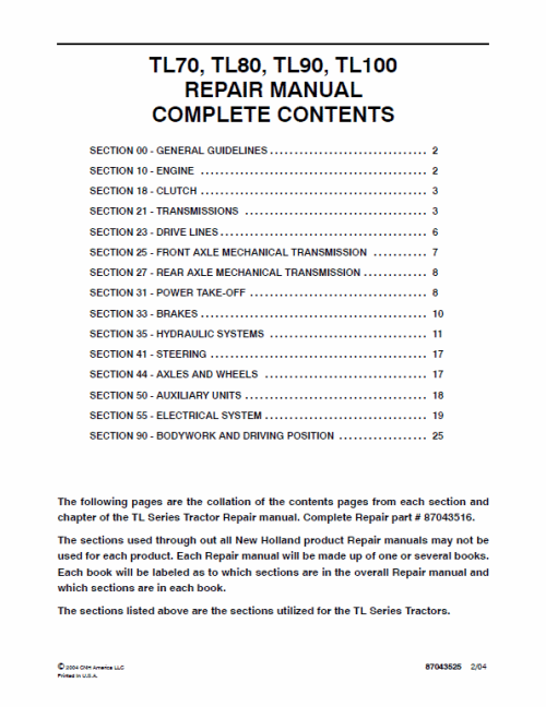 New Holland TL70, TL80, TL90, TL100 Tractor Service Manual New Holland TL70, TL80, TL90, TL100 Tractor Service Manual