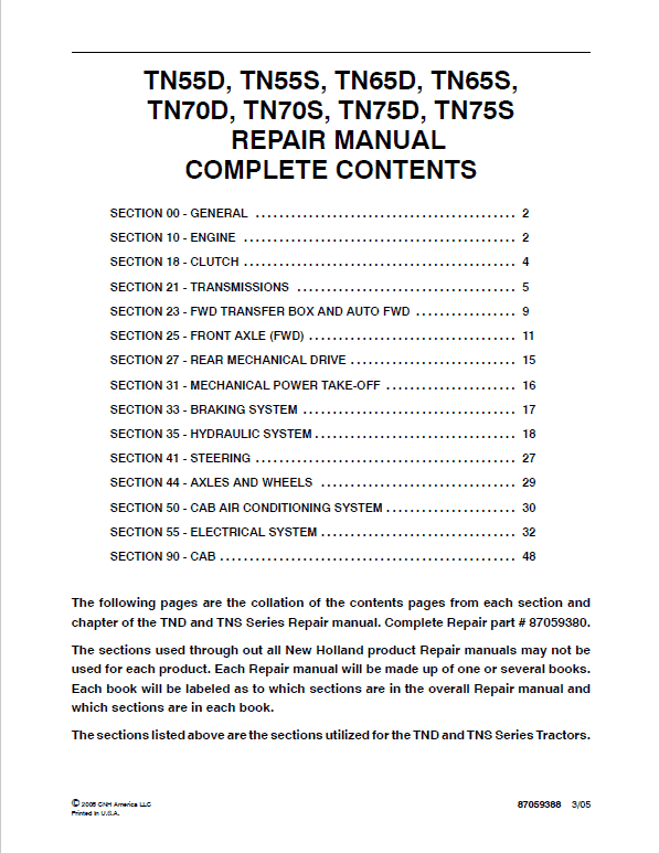 New Holland Tn70d Tn70s Tn75d Tractor Repair Manual