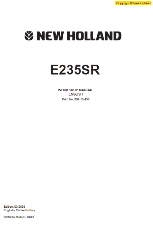 New Holland E235SR Excavator Service Manual