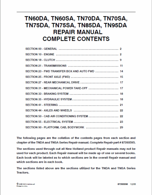 New Holland TN60DA TN95DA Tractor Service Manual