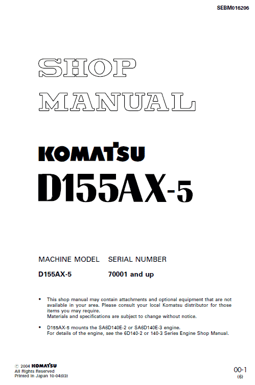 Komatsu D155ax-5 Shop Manual, Engine