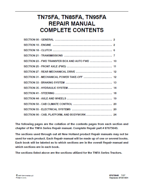 New Holland TN75FA, TN85FA, TN95FA Tractor Service Manual New Holland TN75FA, TN85FA, TN95FA Tractor Service Manual