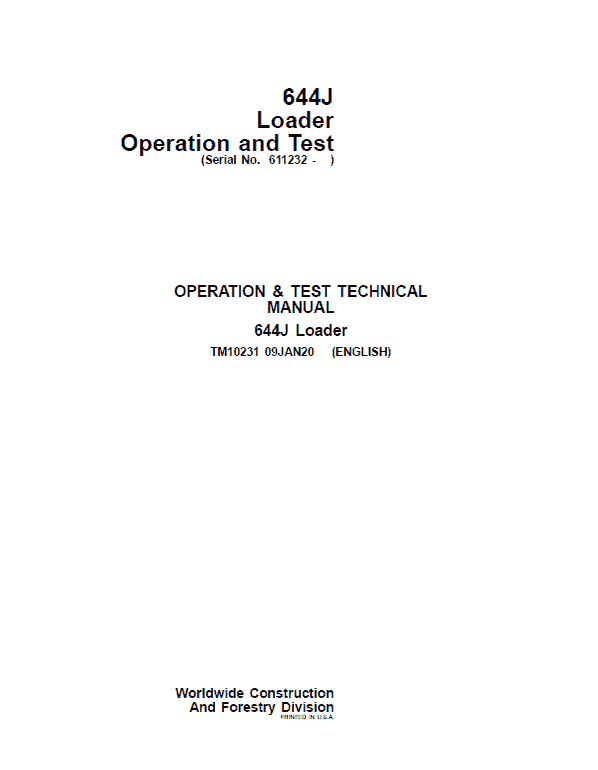 John Deere 644J Loader Repair Service Manual