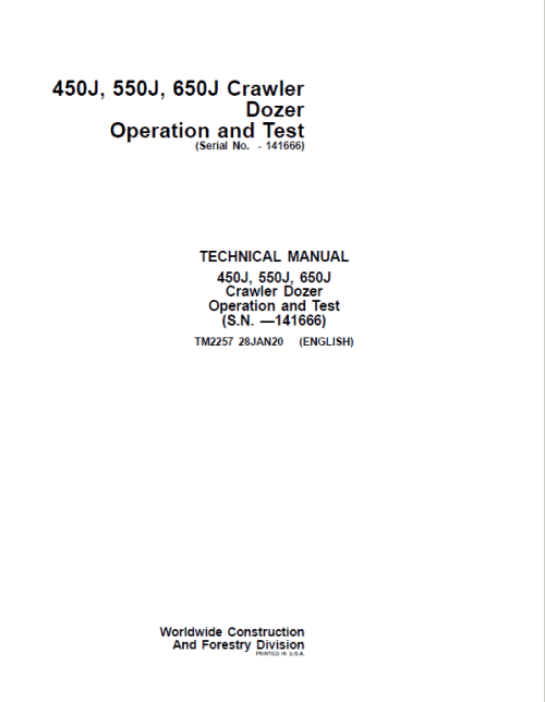 John Deere 450J, 550J, 650J Crawler Dozer Service Manual