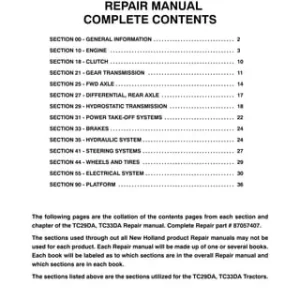 New Holland TC29DA TC33DA 3 CYL Tractor Parts Catalog Manual