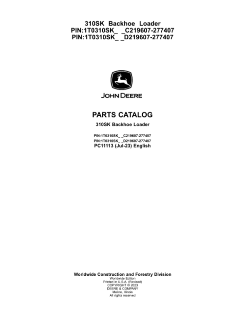 John Deere 310SK Backhoes Parts Catalog Manual