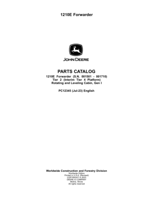 John Deere 1210E Forwarders Parts Catalog Manual