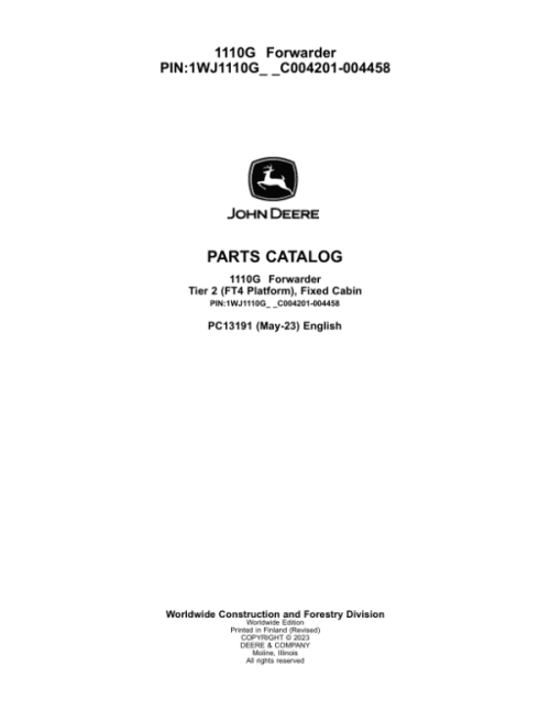 John Deere 1110G T2 FFC Forwarders Parts Catalog Manual