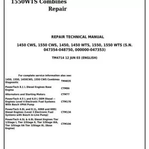 John Deere 1450 1450WTS 1550WTS Combines Repair Service Manuals John Deere 1450 1450WTS 1550WTS Combines Repair Service Manual