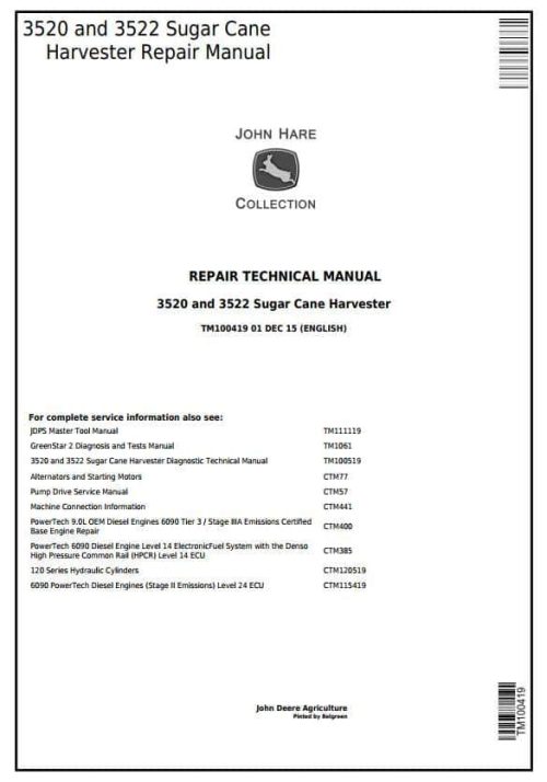 John Deere 3520 and 3522 Sugar Cane Service Repair Technical Manual