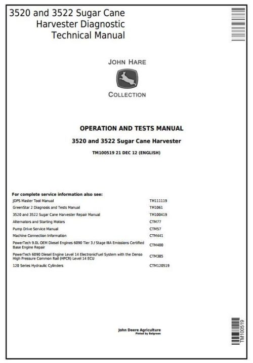 John Deere 3520, 3522 Wheel Sugar Cane Diagnostic Service Manual