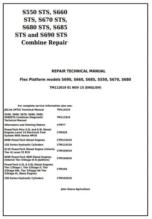 John Deere S660STS S670STS S680STS Combines Repair Manual