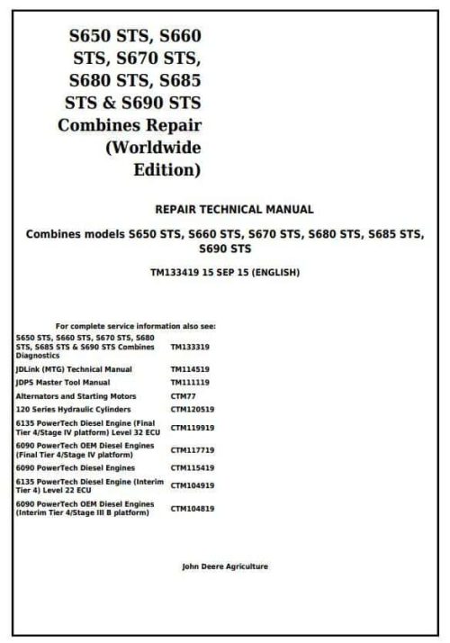 John Deere S650STS S685STS S690STS Combines Repair Manual