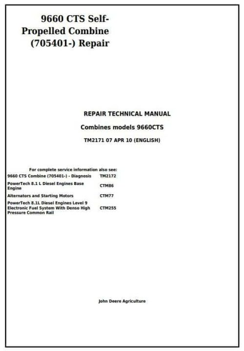 John Deere 9660 CTS Combine Service Repair Manual