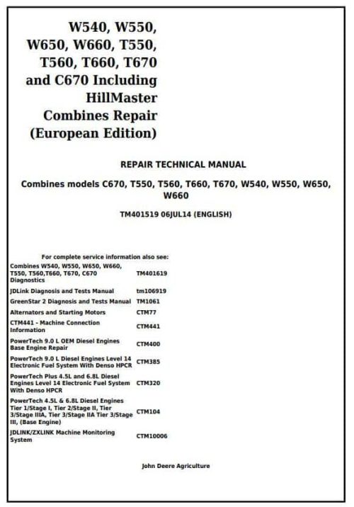 John Deere W540 T670 C670 Combines Repair Manual