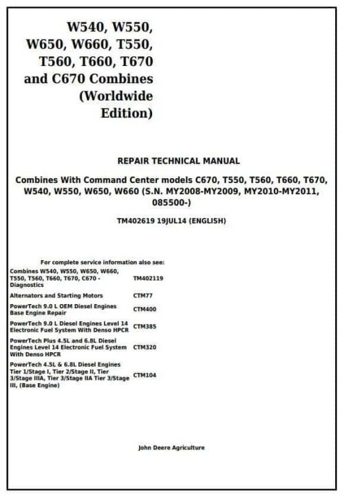 John Deere T560 T660 T670 Combines Repair Manual