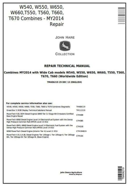 John Deere W540 W550 T670 Combines MY14 Repair Manual