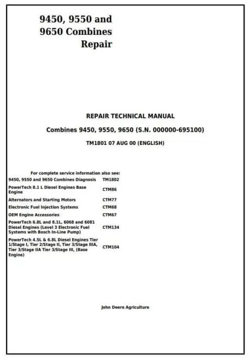 John Deere 9450 9650 Combines Service Repair Technical Manual John Deere 9450 9650 Combines Service Repair Technical Manual