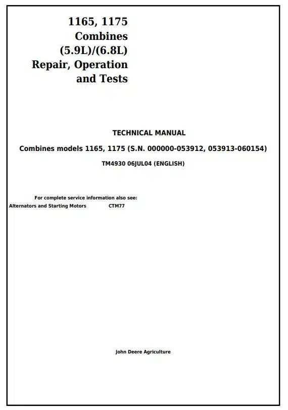 John Deere 1165 1175 Combines Diagnostic Service Manual John Deere 1165 1175 Combines Diagnostic Service Manual