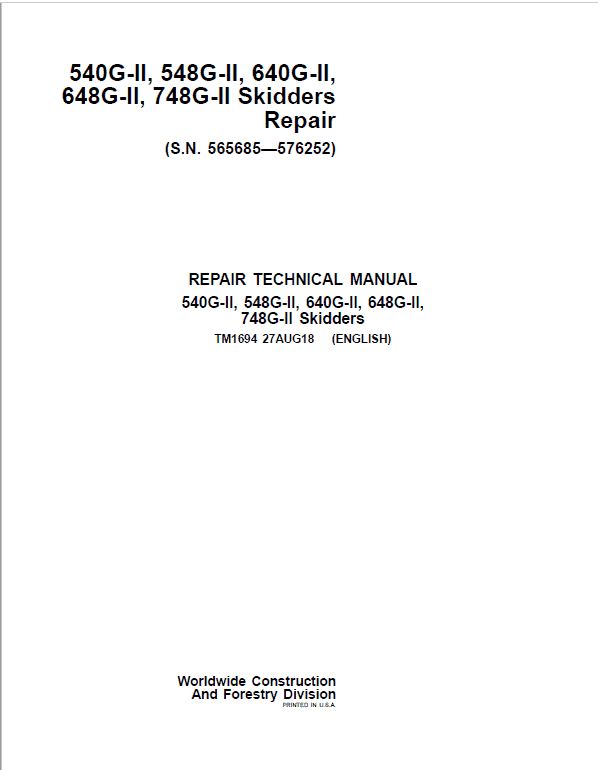 John Deere 548G-II 640G-II 648G-II Skidder Service Repair Manual