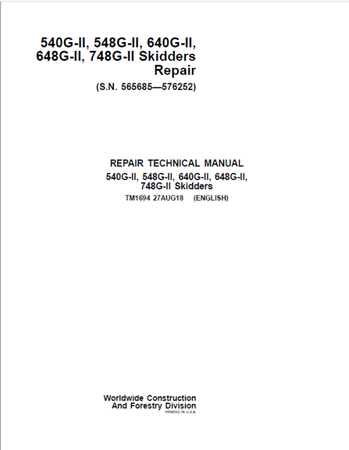John Deere 540G-II 748G-II Skidder Service Repair Manual Download