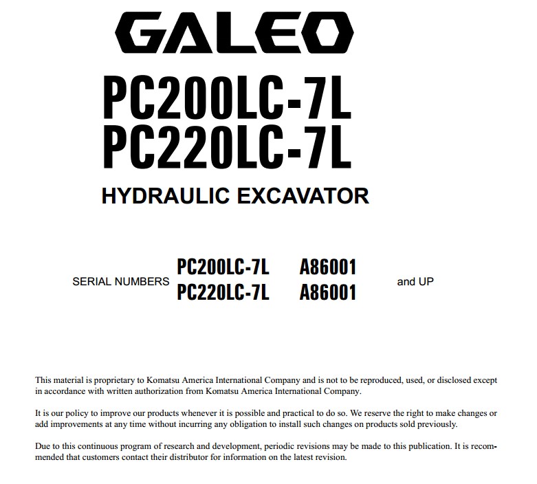 Komatsu PC200LC-7L, PC220LC-7L Excavator Service Repair Manual