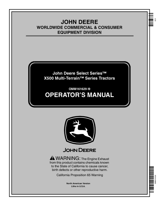 John Deere Select Series X500 Series Tractors Operators Manual Serial No.050001