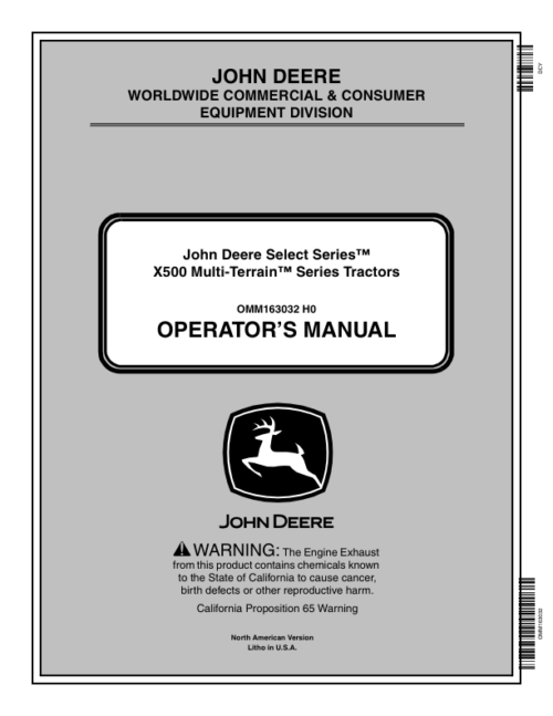 John Deere Select Series X500 Series Tractors Operators Manual serial No.060001