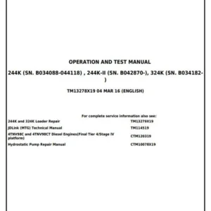 John Deere 244K, 244K-II, 324K Compact 4WD Loader Operation and Test Manual