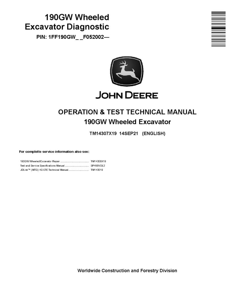 John Deere 190GW Wheeled Excavator Operation and Test Manual